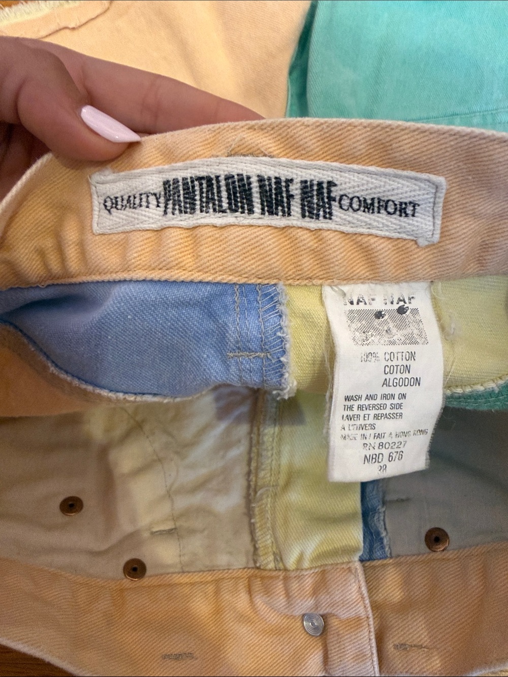 NAF NAF Pastel Colorblock High-Waist Denim Shorts - Yellow, Blue, Mint, Pink - Picture 3 of 5
